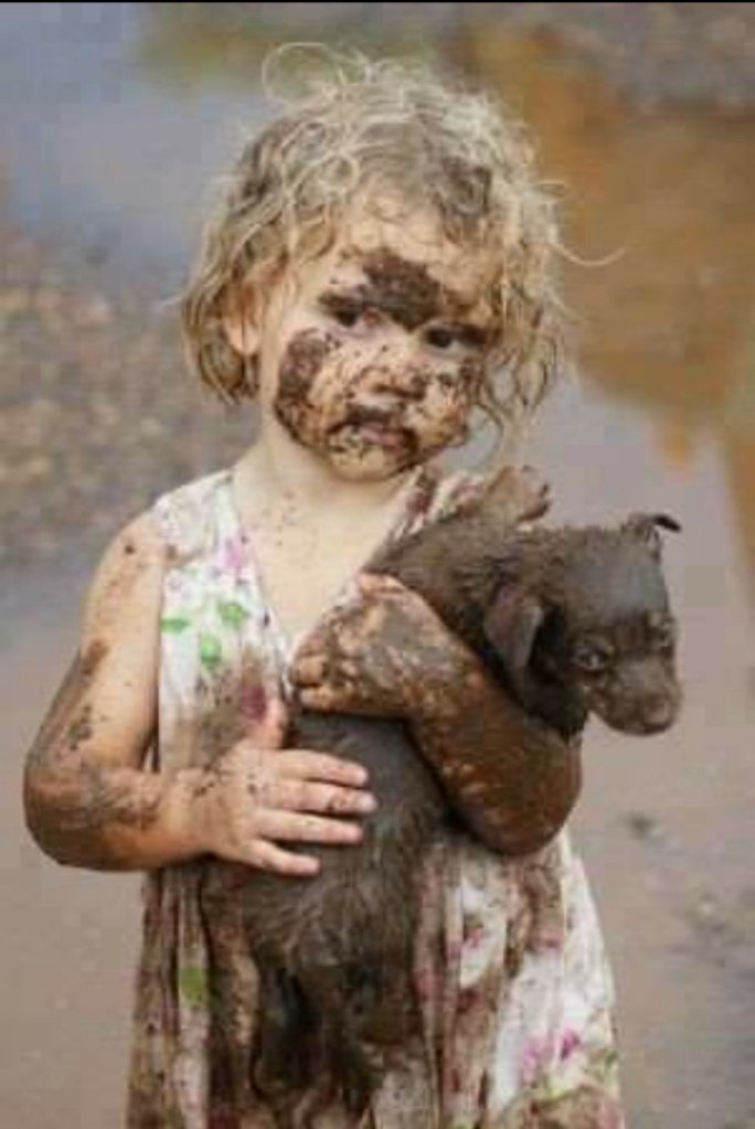 A little girl in a summer flowery dress and brown puppy both covered in mud