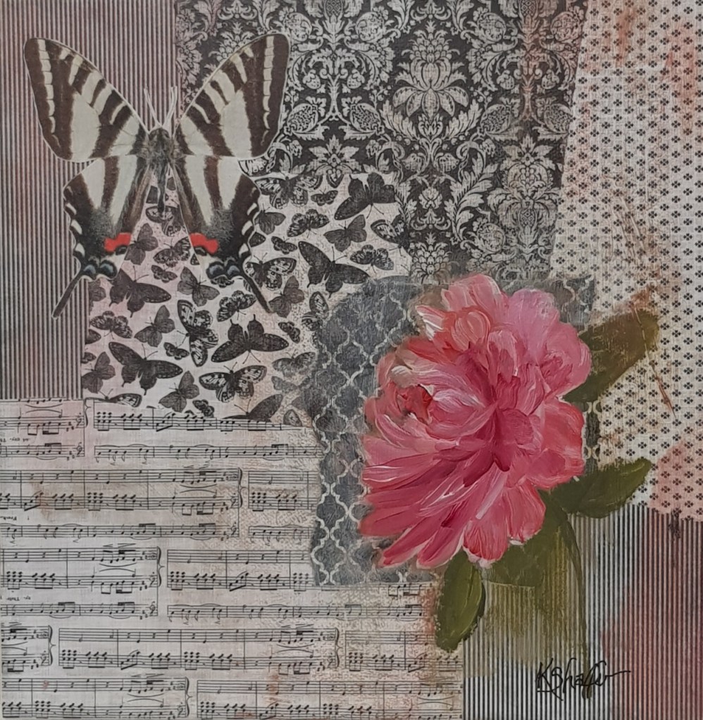 image with music score, a pink rose, black stripes