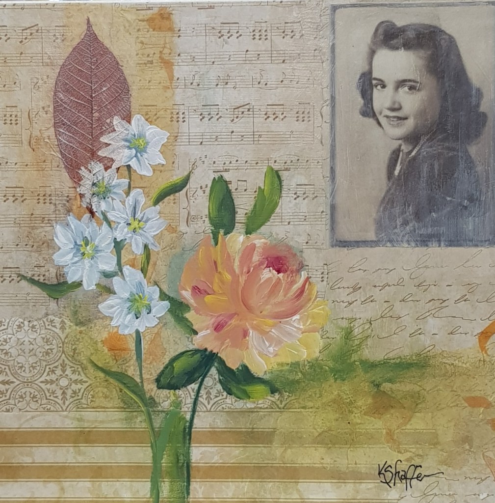 vintage photograph over musical score and flowers painted in white and rose and green