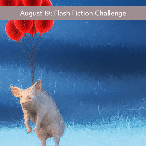 a pig hanging in the blue sky by a bunch of red balloons